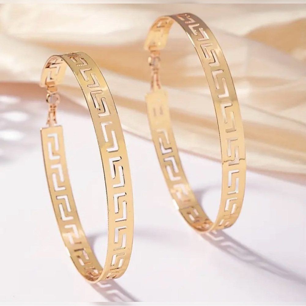 Gold Tone Big Hoop Earrings Versace-esque Greek Key Design - Picture 2 of 6